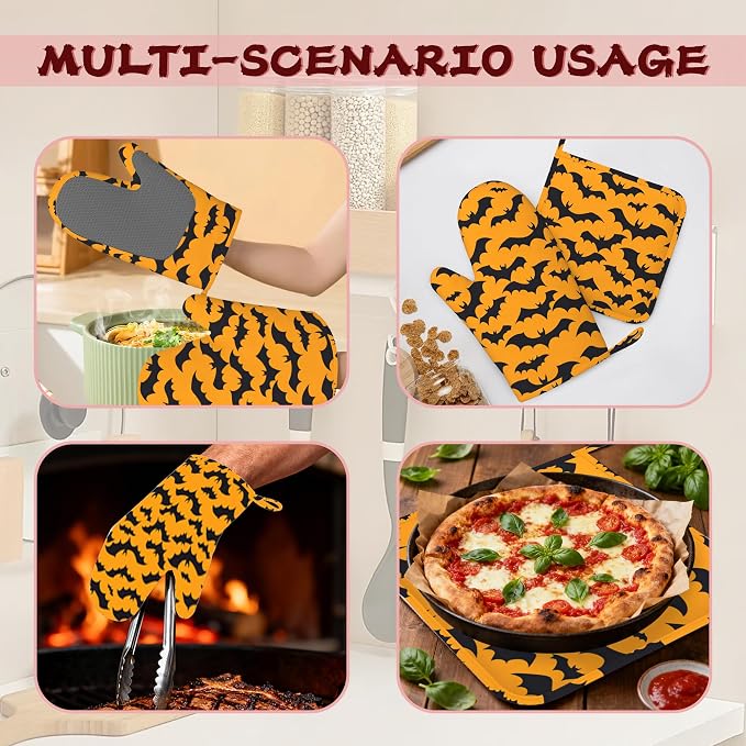 Halloween Bat Heat-Resistant Silicone Oven Mitts and Pot Holders 4 Piece Set - Image 6