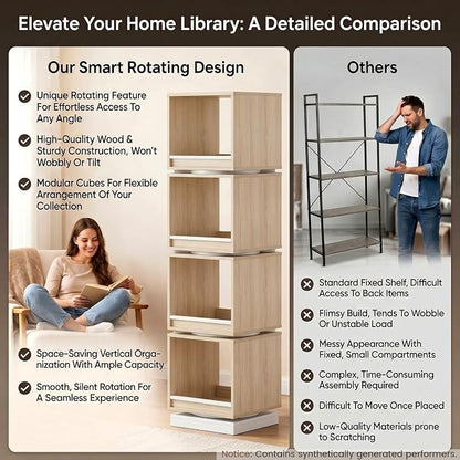 ModernMate 4-Tier Rotating Bookshelf Tower, 360° Spinning Wood Narrow Tall Book - Image 9