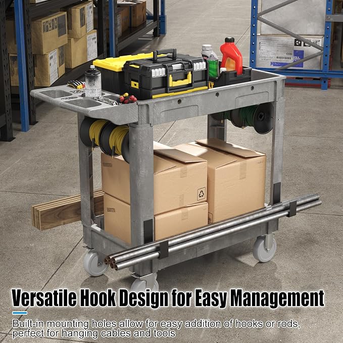2 Tier Plastic Rolling Cart Utility Cart on Wheels, Heavy Duty Tool Carts - Image 5