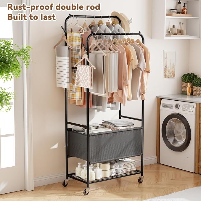 Laundry Cart with Wheels and Hanging Rack, Heavy Duty Rolling Clothes Rack with - Image 3