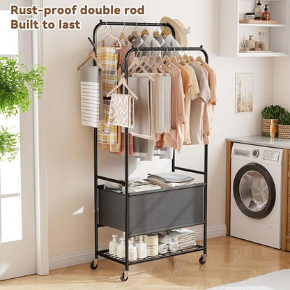 Laundry Cart with Wheels and Hanging Rack, Heavy Duty Rolling Clothes Rack with - Image 3