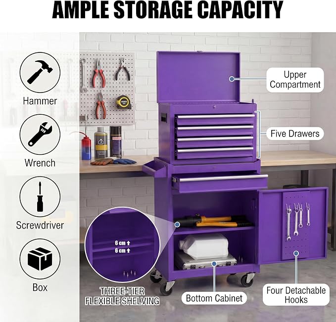 Goplus Rolling Tool Chest, 5-Drawer Tool Box Organizer w/Lockable Wheels & - Image 6