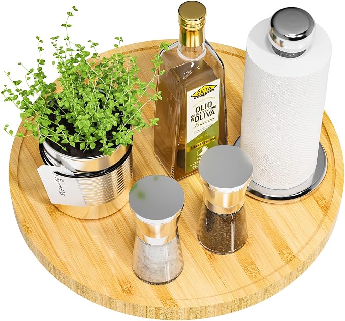 Lazy Susan for Table, 12 Inch Non-Skid Bamboo Turntable Organizer for Salt by VeyFey