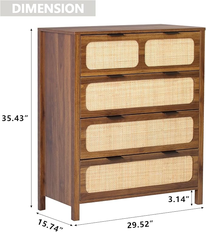 4 Drawer Dresser with Rattan Finish, Modern Farmhouse Chest of Drawers with - Image 2