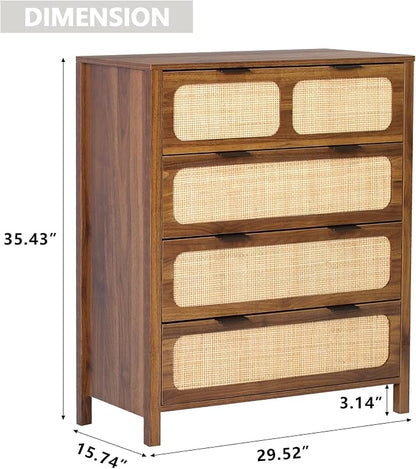4 Drawer Dresser with Rattan Finish, Modern Farmhouse Chest of Drawers with - Image 2