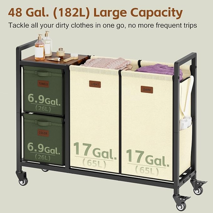 Hoctieon 4 Section Laundry Cart, 48 Gal. Laundry Hamper - Image 7