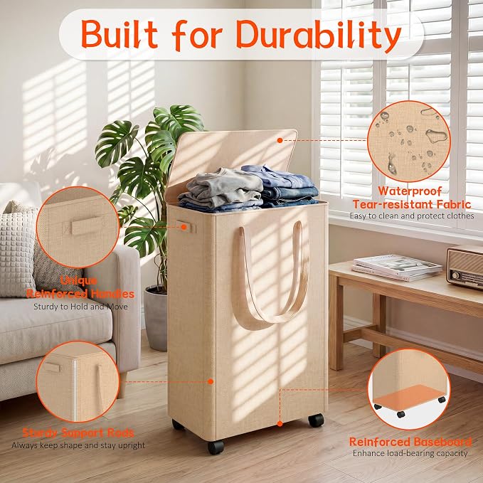Slim Laundry Hamper with Wheels, 15 Gal Rolling Laundry Basket with lid and - Image 3