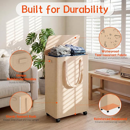 Slim Laundry Hamper with Wheels, 15 Gal Rolling Laundry Basket with lid and - Image 3