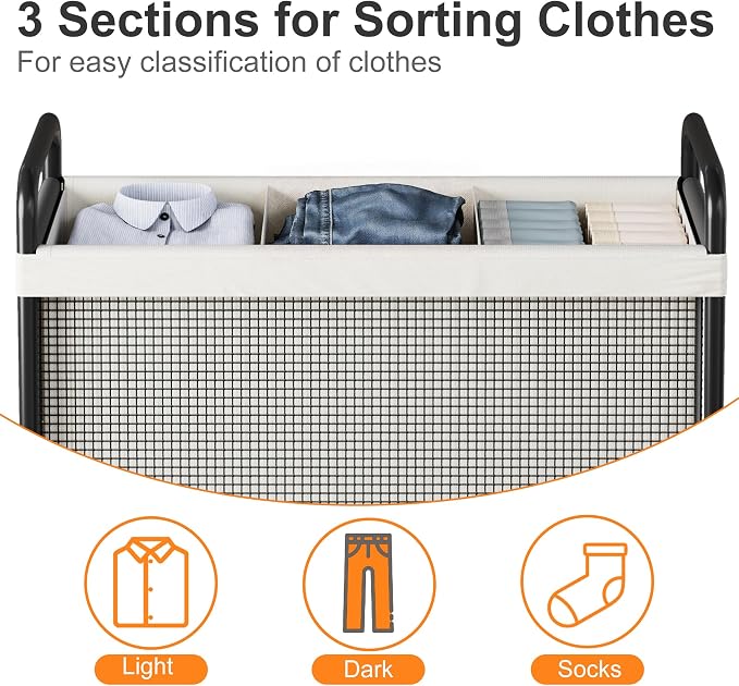 WOWLIVE Laundry Hamper 3 Section, 120L Rolling Laundry Basket - Image 5