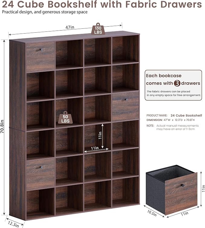 2-Pack 24 Cube Storage Rack, Walnut Wood Bookshelf - Image 2