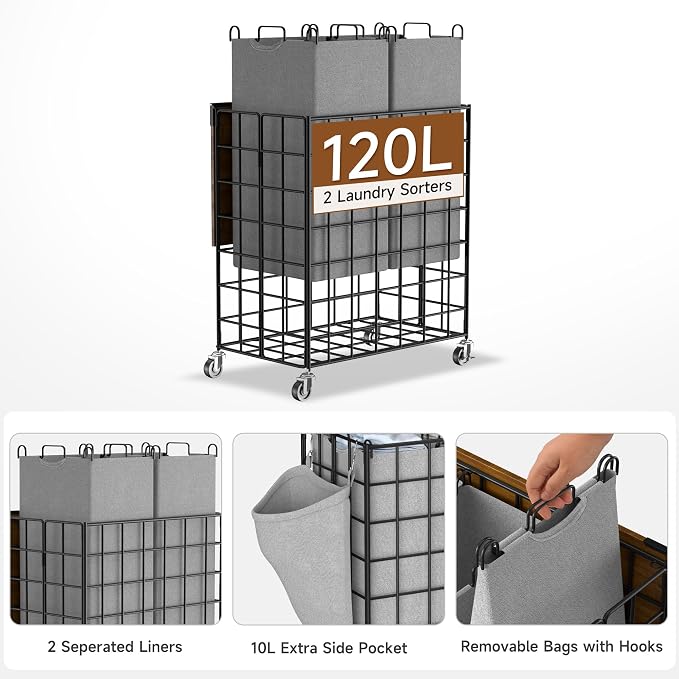 Laundry Basket with Wheels, Heavy Duty Laundry Sorter 2 Sections, 120L Large - Image 2