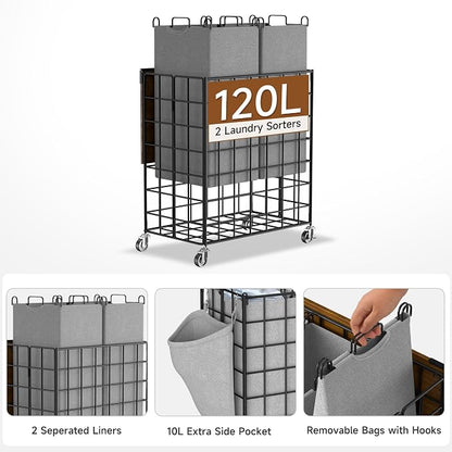 Laundry Basket with Wheels, Heavy Duty Laundry Sorter 2 Sections, 120L Large - Image 2