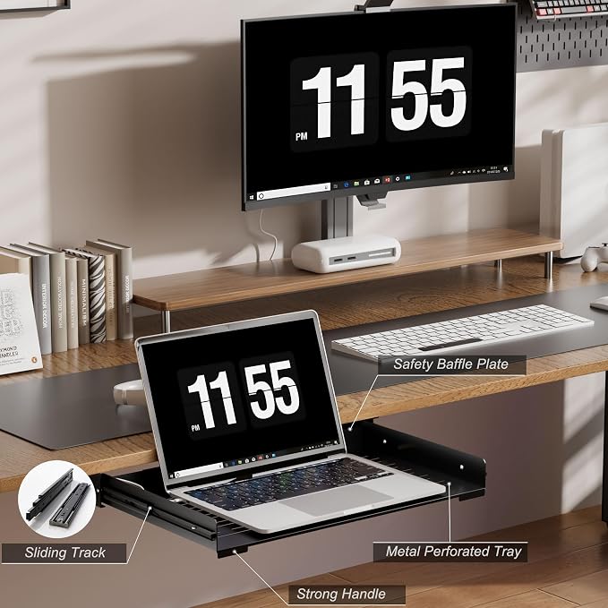 Under Desk Laptop Drawer, 22.8'' Wide Pull-Out Tray – Metal Perforated Bottom - Image 6