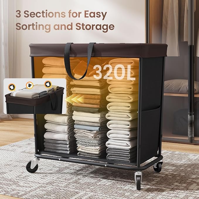 320L Laundry Basket with Wheels, 3-Section Rolling Hamper - Image 4