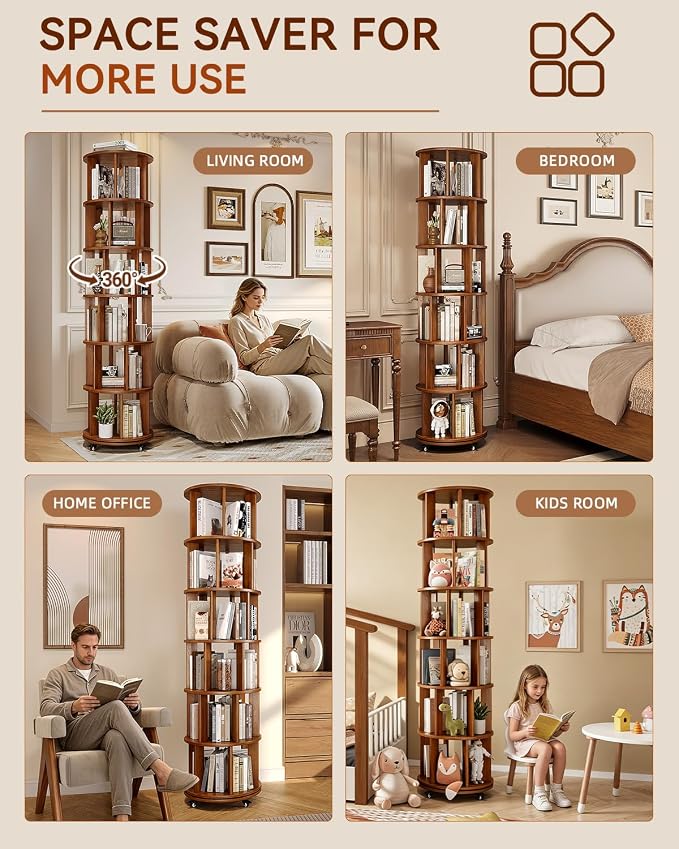 IUNVR Rotating Bookshelf, 6 Tier Solid Wood Bookshelf Tower - Image 7