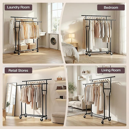 Clothes Rack, Double Rods Rolling Clothing Rack - Image 9