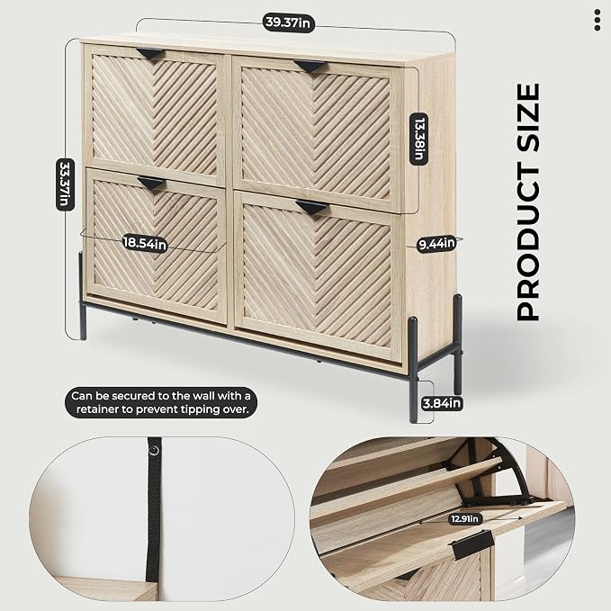 Shoe Cabinet with 4 Flip Drawers, Narrow Entryway Rack, Oak | Slanted Wood Grain - Image 2