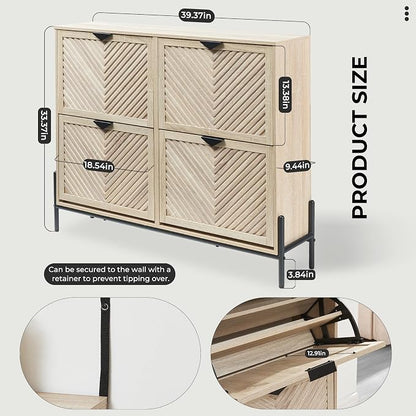 Shoe Cabinet with 4 Flip Drawers, Narrow Entryway Rack, Oak | Slanted Wood Grain - Image 2