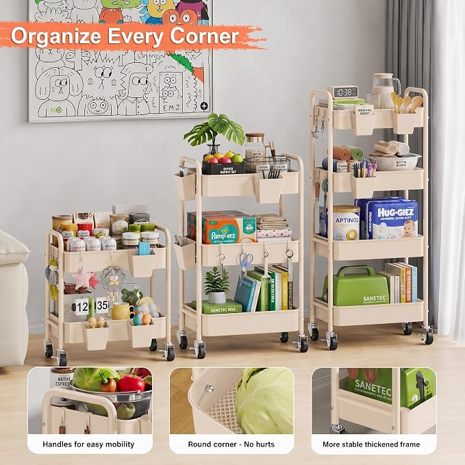Beige 2 Tiered Small Rolling Cart on Wheels, Diaper Caddy Bedside Cart - Image 8