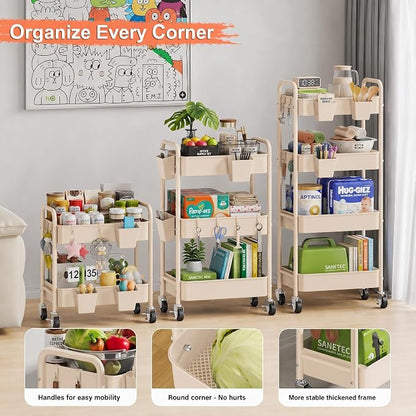 Beige 2 Tiered Small Rolling Cart on Wheels, Diaper Caddy Bedside Cart - Image 8