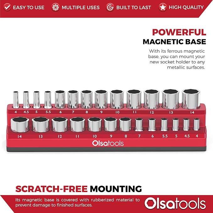 Olsa Tools Magnetic Socket Holder | 1/4-inch Drive | Metric | Red | Holds 26 - Image 4