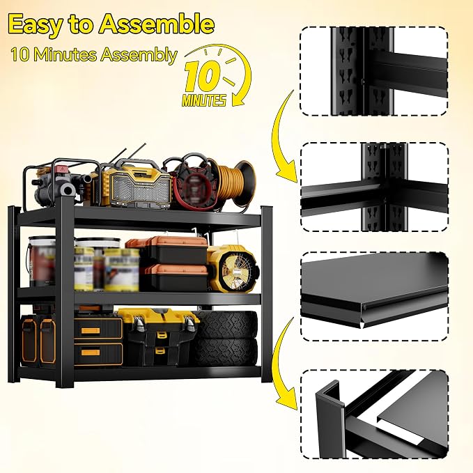 CJF Metal Storage Shelves, 3-Tier Garage Shelving Unit, Heavy Duty Adjustable - Image 5