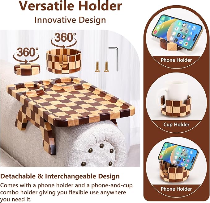 Couch Arm Table, Checkered Carbonized Rubber Wood Sofa Armrest Tray, 3-in-1 - Image 8