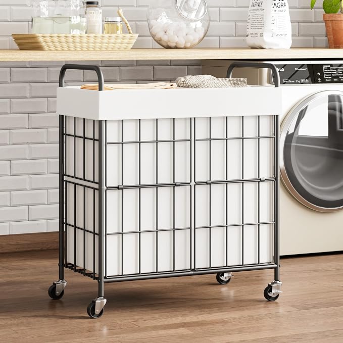 2 Section Laundry Hamper with Wheels and Brake, 100L Laundry Sorter Cart with 2 - Image 4