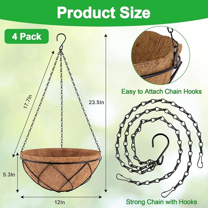 Hanging Baskets for Plants Outdoor, 4 Packs 12 Inch Metal Wire Hanging Planter - Image 2