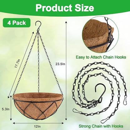 Hanging Baskets for Plants Outdoor, 4 Packs 12 Inch Metal Wire Hanging Planter - Image 2