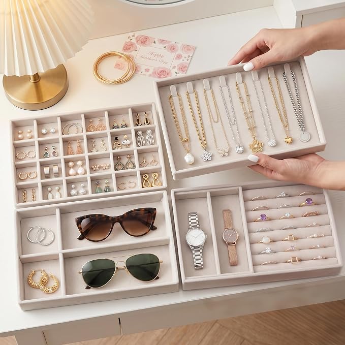 Jewelry Organizer for Drawer, Velvet Jewelry Drawer Organizer Inserts, 4-Layer - Image 8