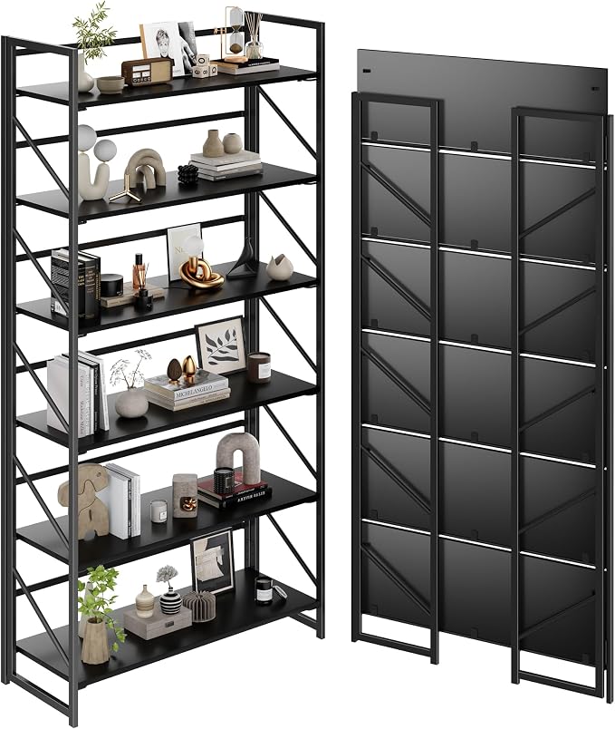 JSB 6 Tier No Assembly Folding Bookshelf, 30.7" Wide Foldable Storage Bookcase by HomeFurniture