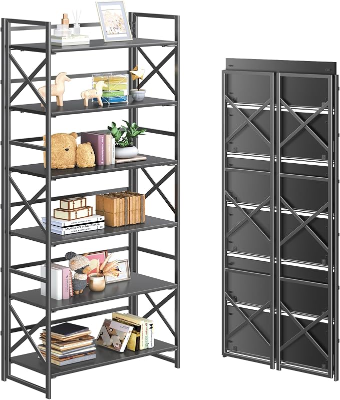4NM 6 Tiers No Assembly Book Shelves, 61.8" H Folding Bookshelf Bookcase Open by 4NM