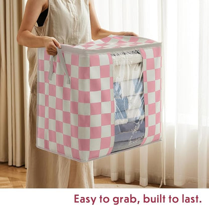 Pink Checkered Clothes Storage Bins, 100L Large Blanket Storage Bags 3 Pack - Image 5