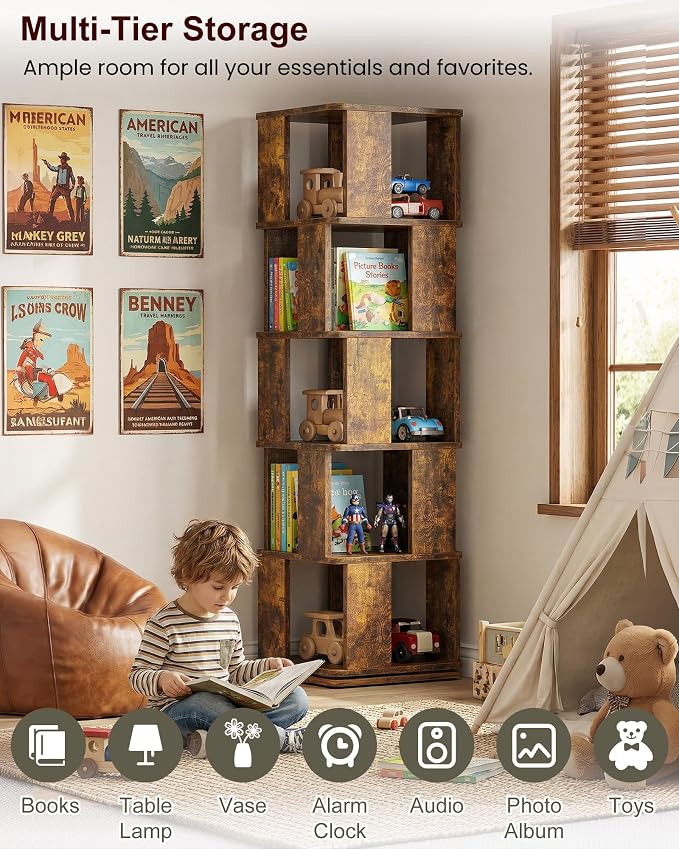 5-Tier Rotating Bookshelf Tower, 360° Square Spinning Book Shelf | Floor - Image 5