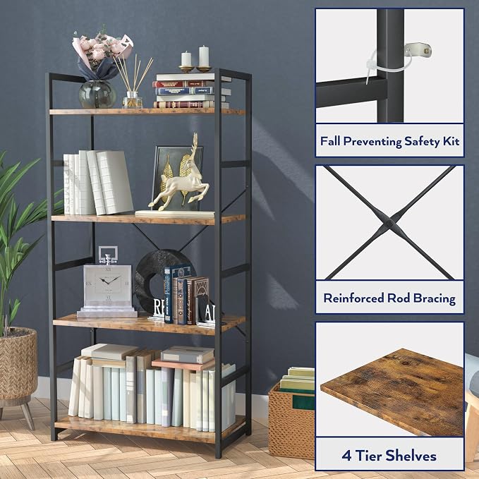 NUMENN 4 Tier Bookshelf, Tall Freestanding Open Storage Bookcase, Vintage | - Image 5