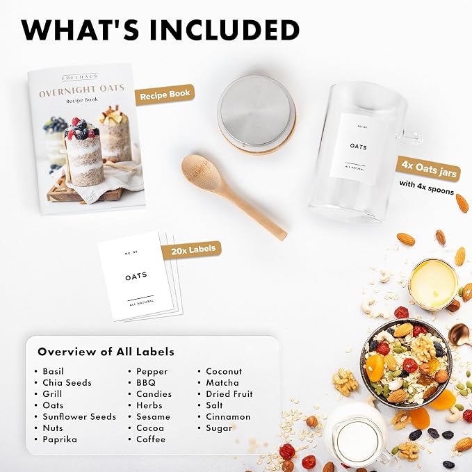 Overnight Oats Containers with Lids, Labels & Spoons Glass Jars - Image 7