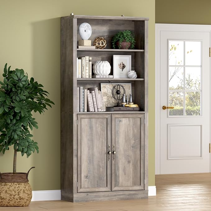 71.4" Tall Bookshelf with Cabinet, 5-Tier Floor Standing Bookcase with Doors & by BORNOON