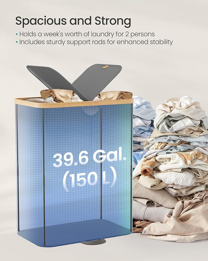 SONGMICS Laundry Hamper with Lids, Laundry Basket with 2 Compartments, 39 Gal. - Image 3