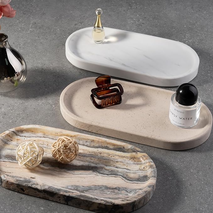 Koville White Marble Oval Tray for Bathroom Countertop, Stone Perfume Organizer - Image 8