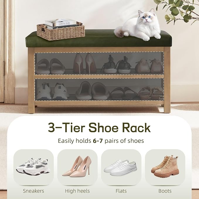 Zihanhome Shoe Rack Bench with Leather Cushion, 2 Tier Solid Wood Storage Bench - Image 5