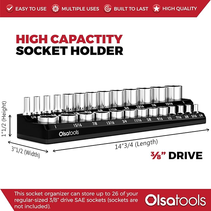 Olsa Tools Magnetic Socket Organizer | 3/8-Inch Drive | SAE | Black | Holds 26 - Image 3