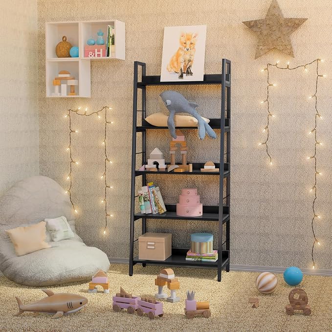 Himimi Black Ladder Bookshelf, 5 Shelf Bookcase Industrial Bookshelf Wood and - Image 9
