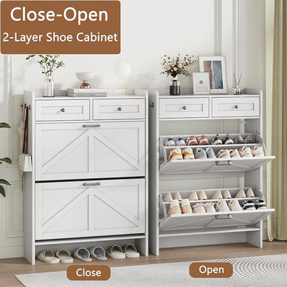 Shoe Cabinet with 2 Flip Drawers & 2 Top Drawers, Hidden Slim Shoe Rack - Image 4