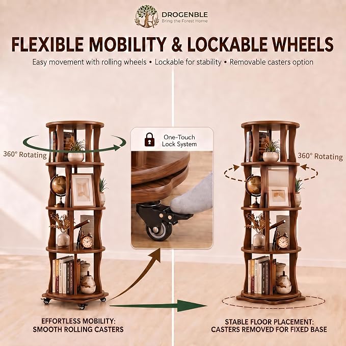 Rotating Bookshelf Tower 4 Tier Corner Bookshelf 360° Spinning Bookshelf | - Image 3
