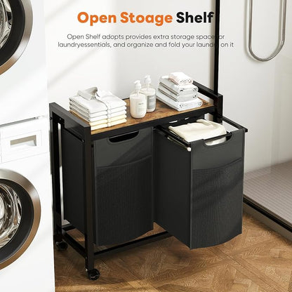 DUMOS Laundry Hamper with 2 Pull-Out Removable Sorter Bags, Movable Wheels - Image 2