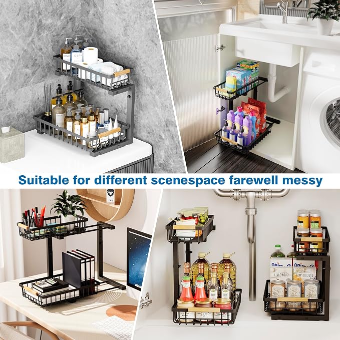 Under Sink Organizers, 2 Tier Pull Out Under Cabinet Organizer，Height - Image 4