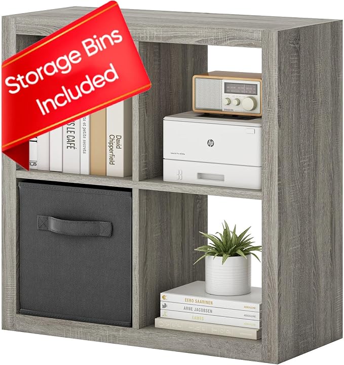 furtble Bookshelf with Storage Bin, 4-Cube Storage Organizer, Modern Wood Open by furtble