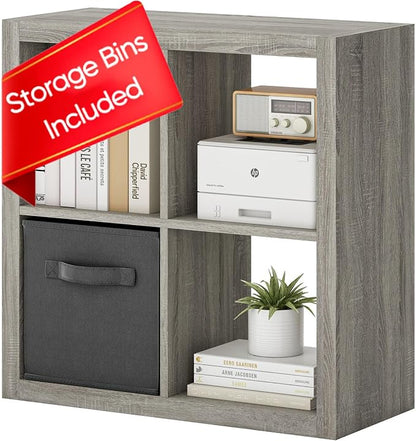 furtble Bookshelf with Storage Bin, 4-Cube Storage Organizer, Modern Wood Open by furtble