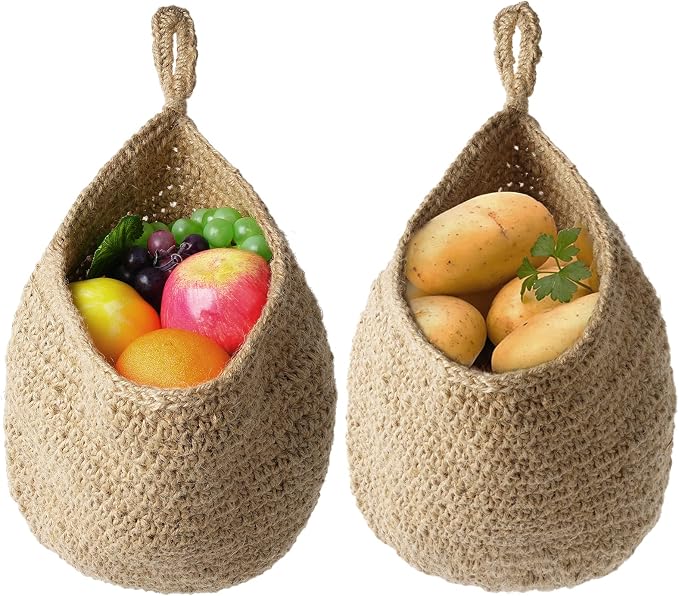 2Pcs Jute Hanging Fruit Baskets, Kitchen Vegetable Wall Storage Organizer | by Toyget